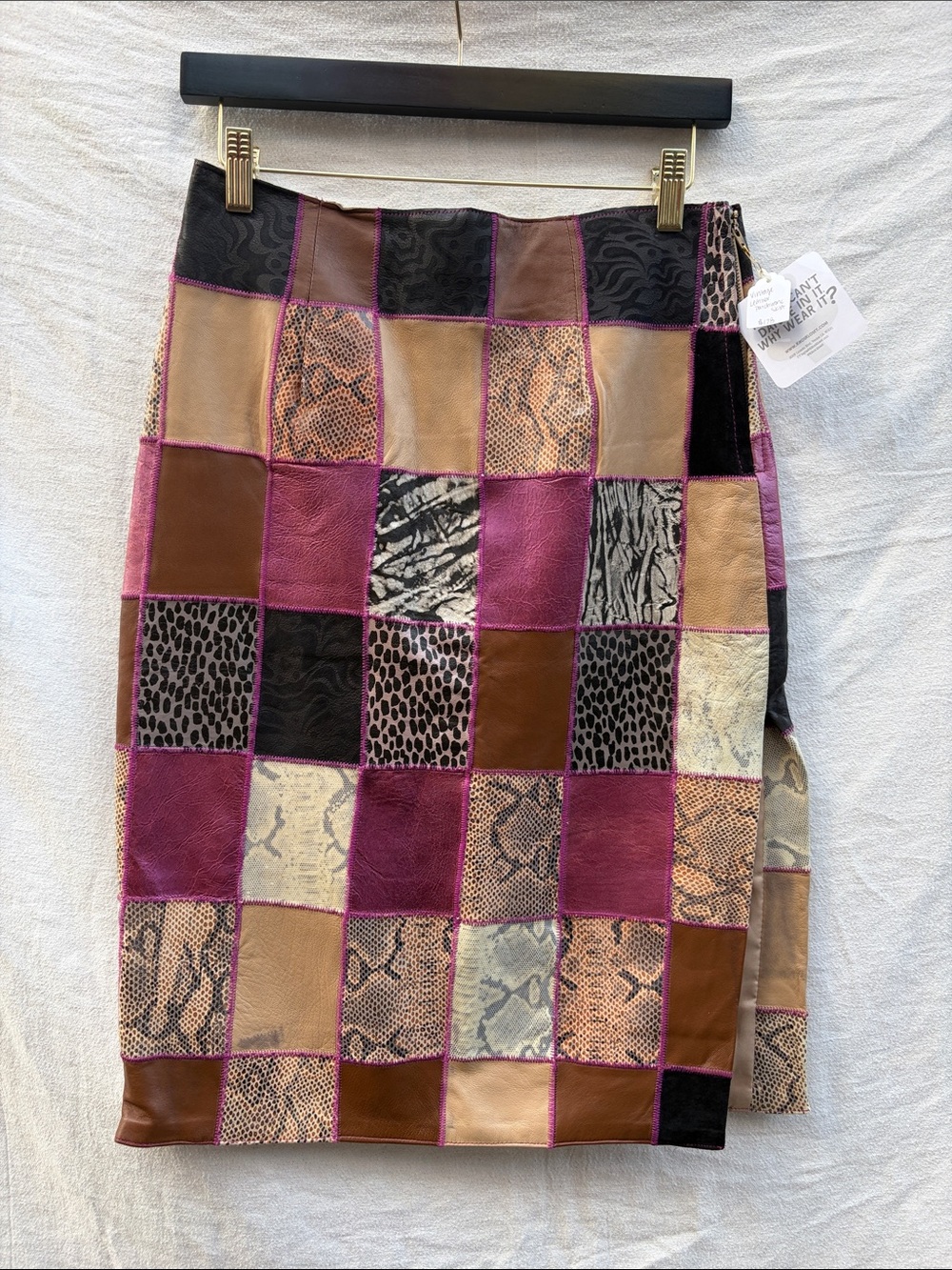 Patchwork Leather Mini Skirt in Magenta Multi